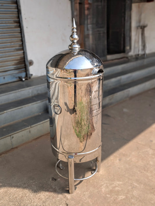 Stainless Steel Round Hundi Donation Box with Kalash in large size.