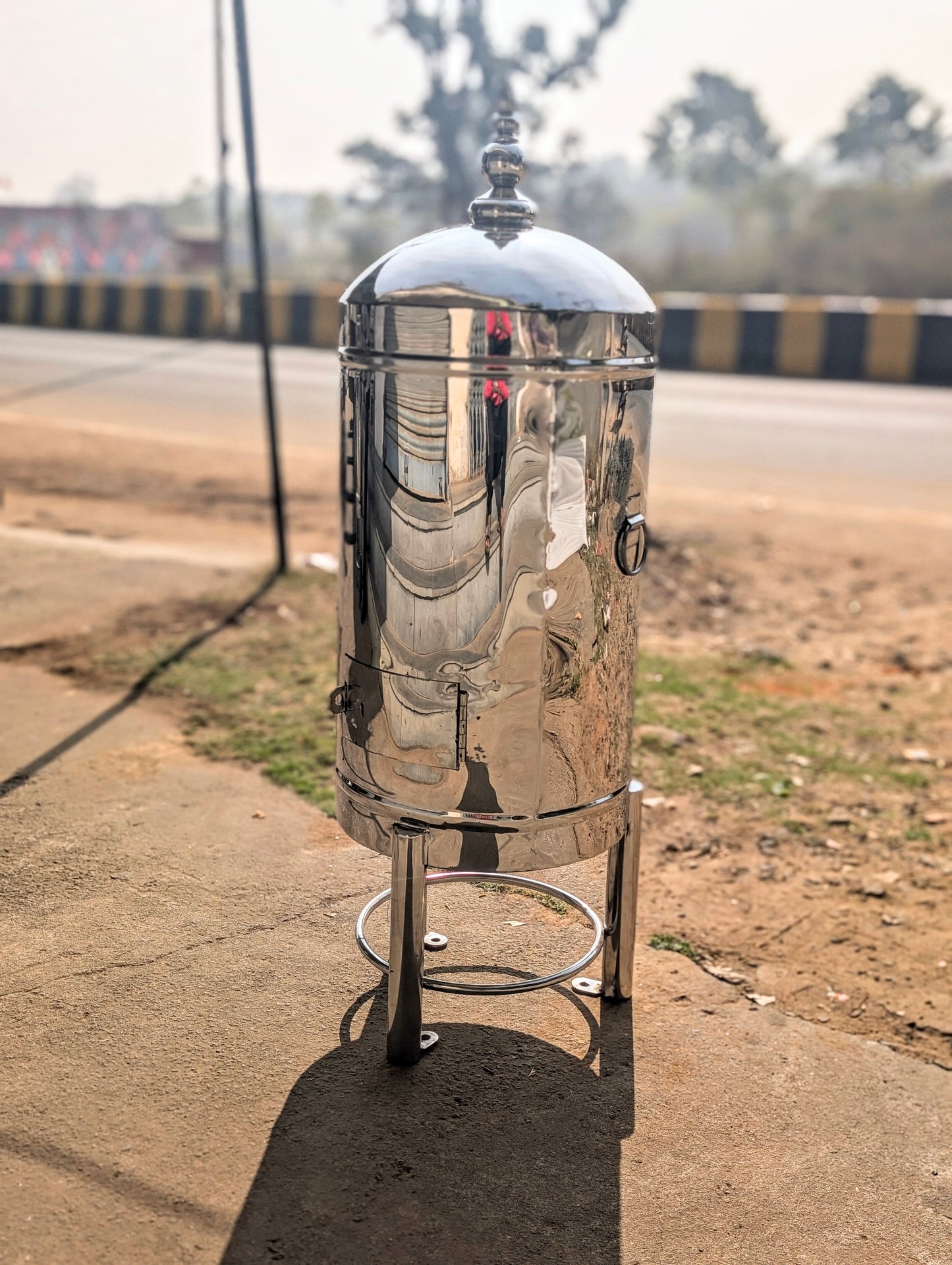 Stainless Steel Round Hundi Donation Box with Kalash in large size.