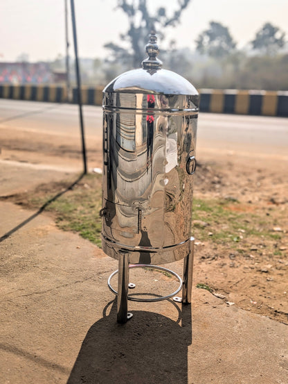Stainless Steel Round Hundi Donation Box with Kalash in large size.