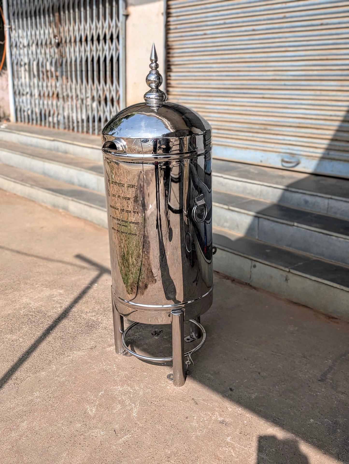 Stainless Steel Round Hundi Donation Box with Kalash in large size.