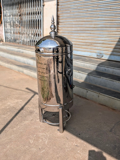 Stainless Steel Round Hundi Donation Box with Kalash in large size.