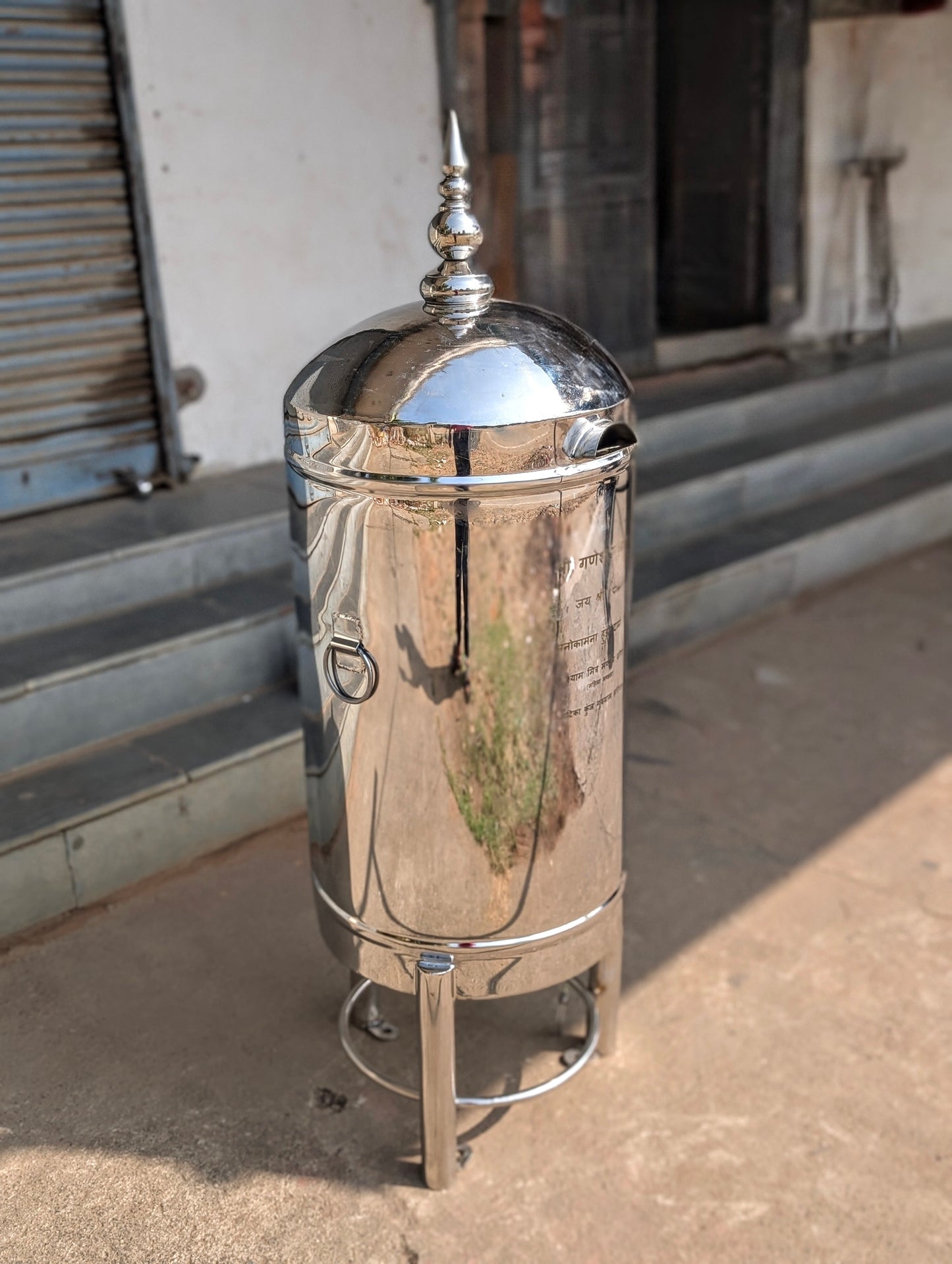 Stainless Steel Round Hundi Donation Box with Kalash in large size.