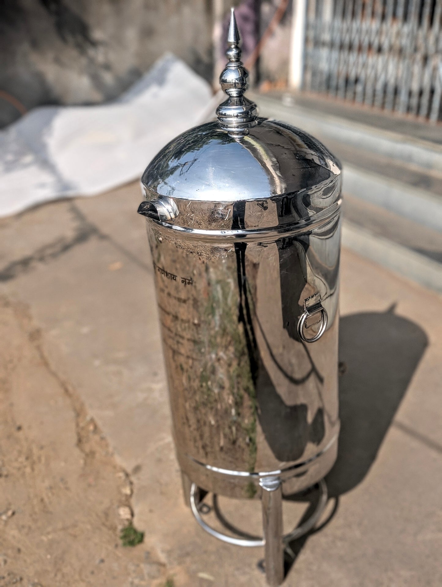 Stainless Steel Round Hundi Donation Box with Kalash in large size.